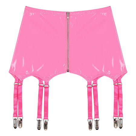 Womens Garters Latex Skirts Ladies Suspender Belt Wet Look Patent Leather Mini Skirts Garters with Metal Clips Clubwear Costume