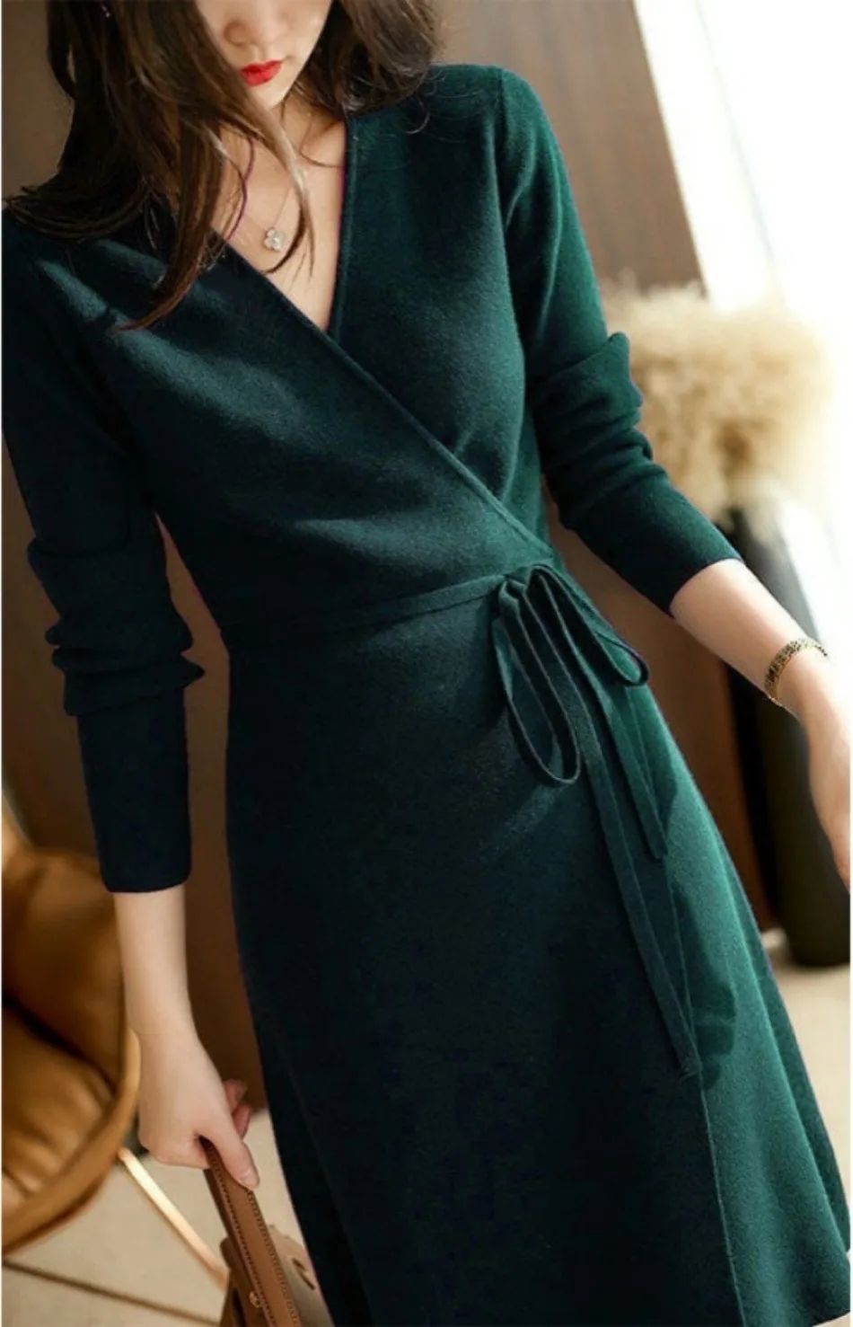 Autumn Winter Sweater Womens Dresses V-neck Wrap Up Dress for Women Woman Clothing Korean Version Loose Elegant Knitted Skirt