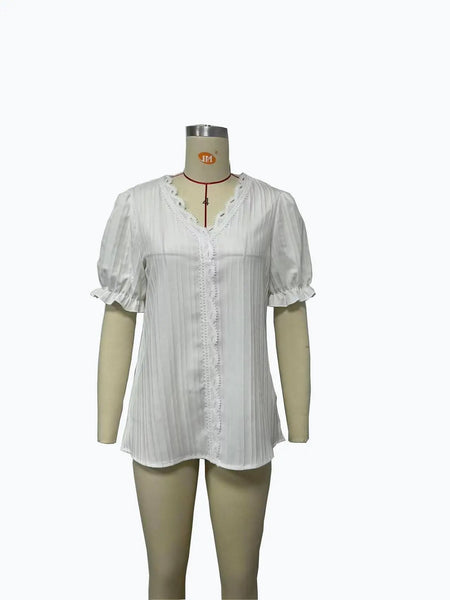 2025 Summer New Women's Blouse Top Solid Sexy V-Neck Hollow Short Sleeve Fashion Splice Plus Size Loose Street Apparel Shirt