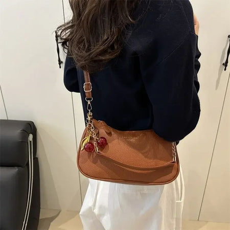 Cherry Pedant Shoulder Underarm Bag Women's Fashion Handbags Causal Hobos Purses Ladies Hand Bags Pu Leather for Work Travel