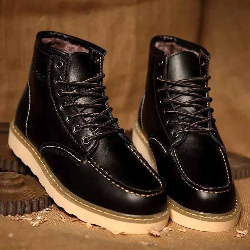 Winter Leather Men Boots Warm Mens Snow Boots with Fur Waterproof Handmade Male Ankle Boots No-slip High Top Male Work Shoes