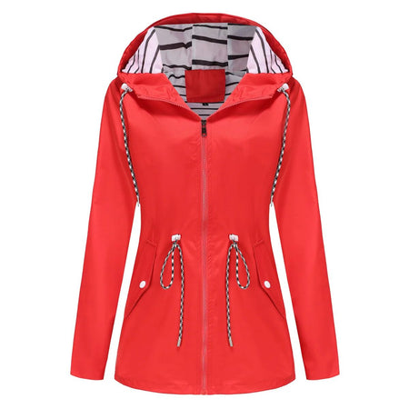 Blue Waterproof Hooded Jacket Women Fashion Casual Coat Waist Drawstring Tie Zipper Switch Red Green Yellow Black Windbreaker
