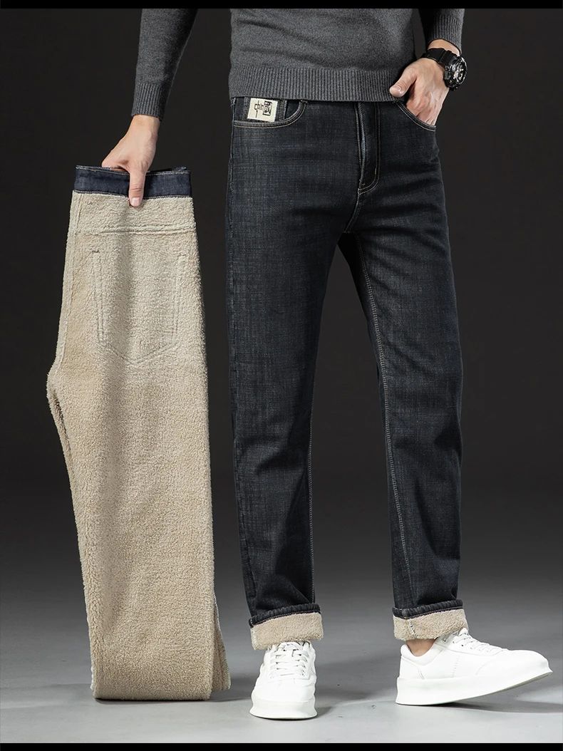 2025 New Classic  Men's Business Casual Velvet Jeans Winter Chinese Embroidery Straight Loose Warm Thick Pants