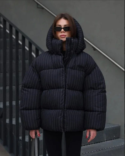 Women's Pinstripe Oversized Puffer Jacket Full Sleeve Detachable Hood Zipper Warm Coat 2025 Autumn Winter Female Casual Wear