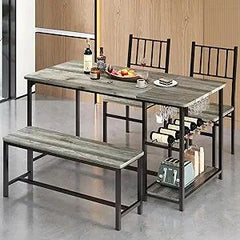 Dining Table Set for 4 with Chairs and Bench, 55" Kitchen Table Chairs Set of 4 with Wine Rack, Wine Glasses Holder, Small Dini