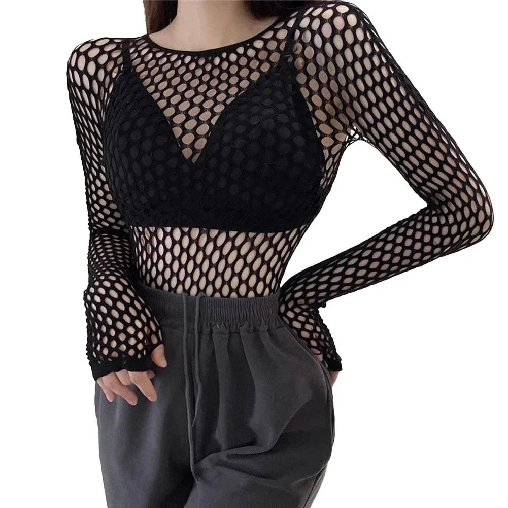 Womens Sexy Mesh Long Sleeve Fishnets Tops Fun Fashion Slim Fit Tops  Hollow Out See Through Loose Female T-shirts Crop soft Top