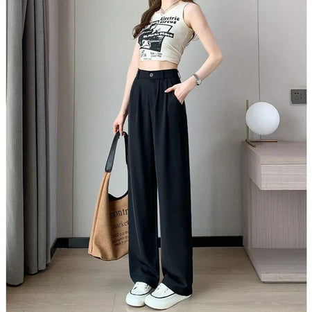 Women Full Length Pants Lady Baggy High Waist Wide Leg Solid Color Trousers Lady Straight Leg Mom Classic Office Pants Slacks