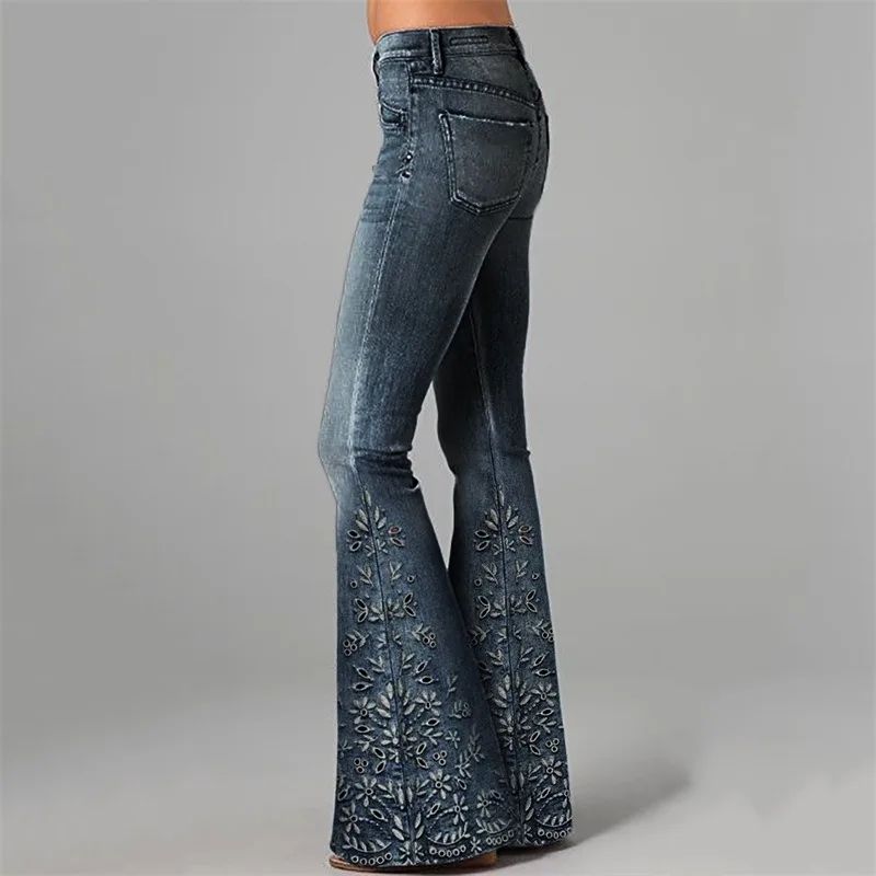 Women's Floral Embroidered High Waist Flared Jeans Vintage Boho Wide Leg Denim Pants for Party and Daily Outfits