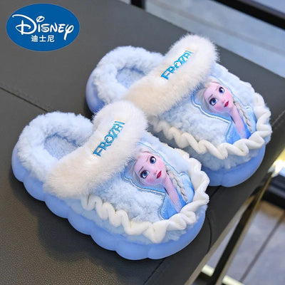 Disney Princess Elsa Winter Children's Cotton Home Slippers Frozen Girl's Snow Non Slip Warm Baby Slippers Pink Blue Size 26-35
