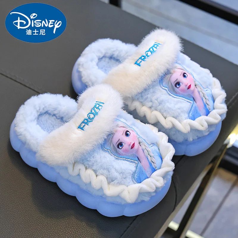 Disney Princess Elsa Winter Children's Cotton Home Slippers Frozen Girl's Snow Non Slip Warm Baby Slippers Pink Blue Size 26-35