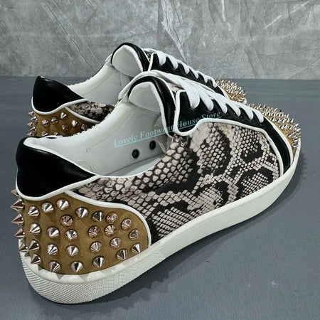 Men Fashion Snake Print Rivet Decoration Loafer Shoes Comfortable Flat Heel Lace Up Round Toe Male Paty Casual Single Shoes
