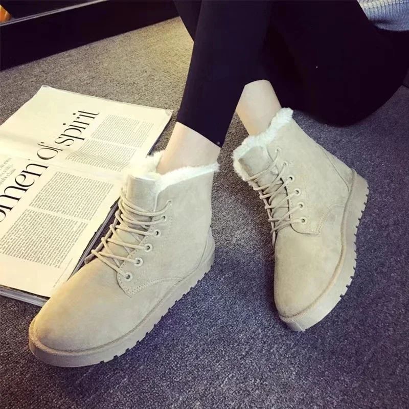 2025 Women Winter Snow Boots Warm Flat Plus Size Platform Lace Up Ladies Women's Shoes New Flock Fur Suede Ankle Boots 36-42