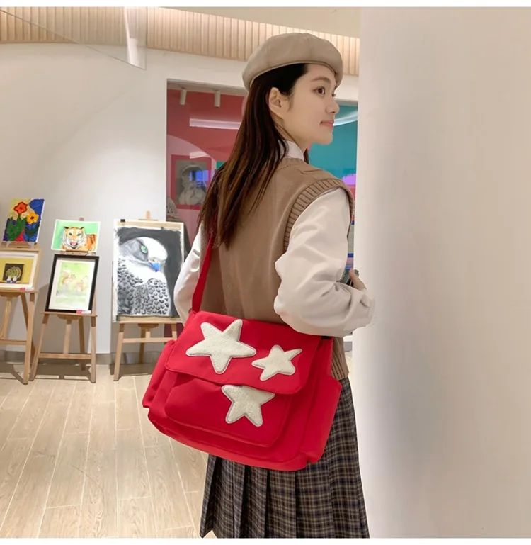 Women Star Pattern Y2k Messenger Bag Casual Tote Lady Simple Large Capacity Shoulder Bag Girl Travel School Bookbag Handbag
