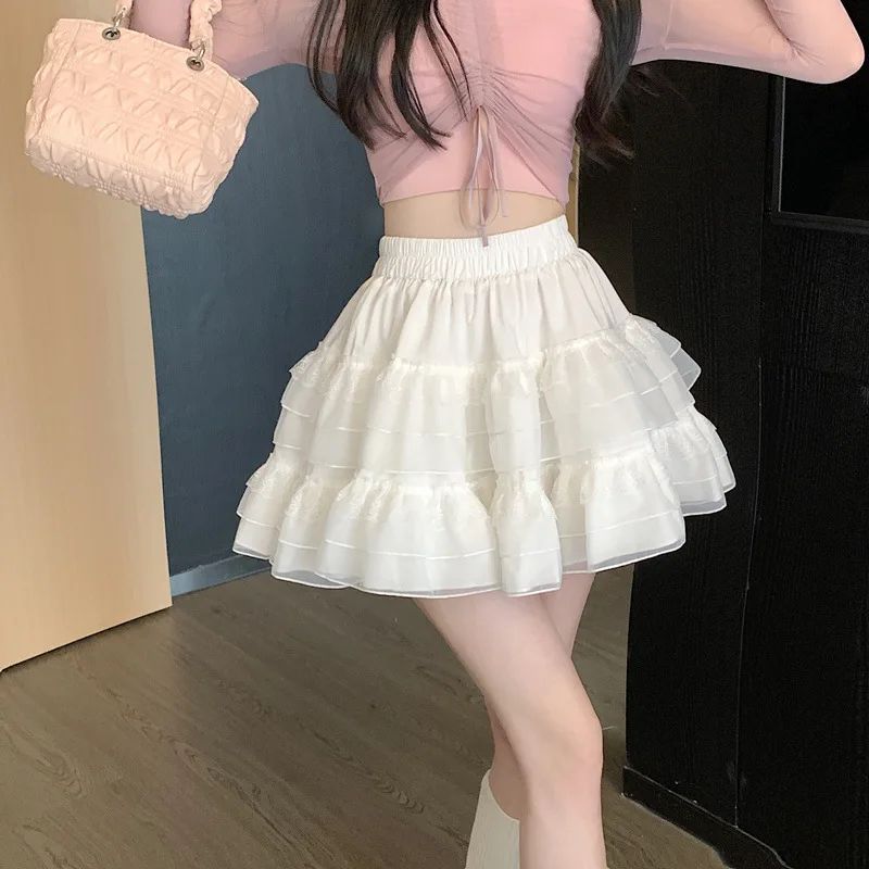 Plus Size New Style Pure Desire Aesthetic Mini Dress Net Yarn Fairy Puff Skirt High-Waisted Slimming Lace Cake A- Line Skirt ...