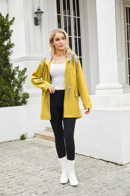 Blue Waterproof Hooded Jacket Women Fashion Casual Coat Waist Drawstring Tie Zipper Switch Red Green Yellow Black Windbreaker