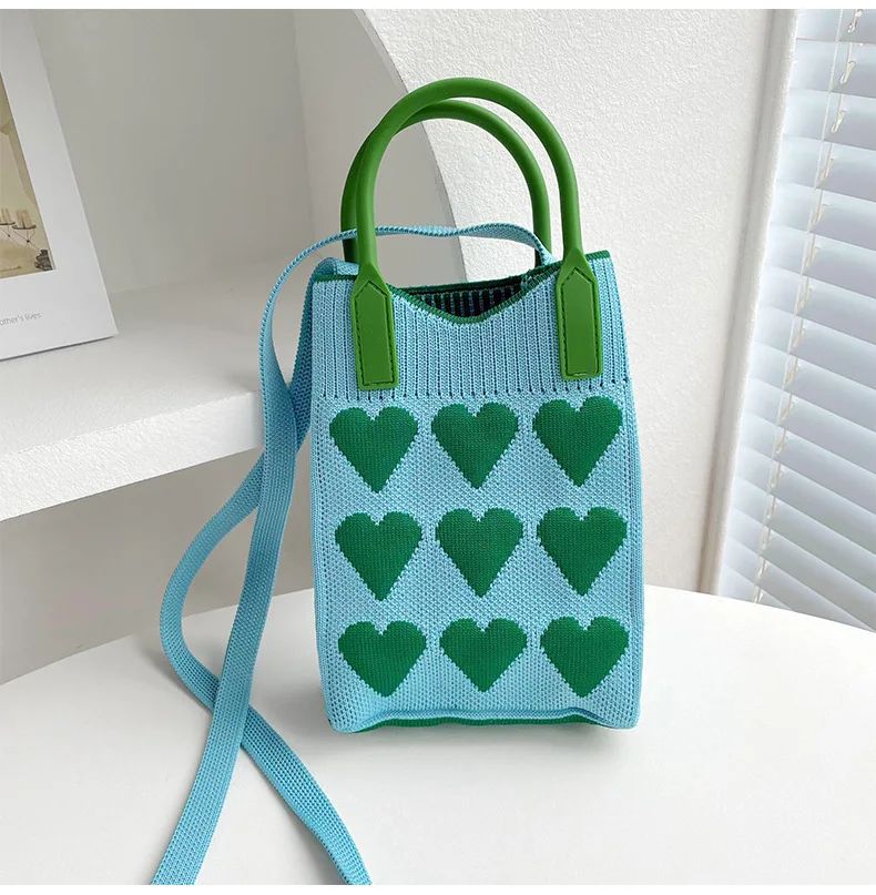 Korean Fashion Heart Knitted Mini Square Handbag for Women Small Mobile Phone Shoulder Bags Girls Cute Outdoor Crossbody Bags
