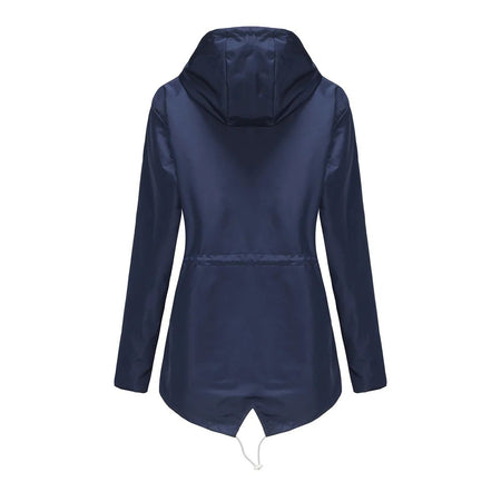 Blue Waterproof Hooded Jacket Women Fashion Casual Coat Waist Drawstring Tie Zipper Switch Red Green Yellow Black Windbreaker