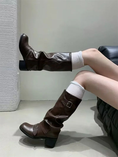 Woman Boots Knee High Platform Chunky Heels Trend Punk Gothic New Rock Leather Fashion Women's Shoes Motorcycle Footwear