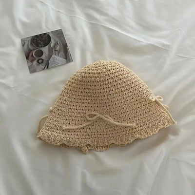 Korean Ins Bow Spring and Summer Fashion Sweet Bucket Hat Outdoor Sunshade Knitted Solid Color Straw Breathable Women Sun Hats