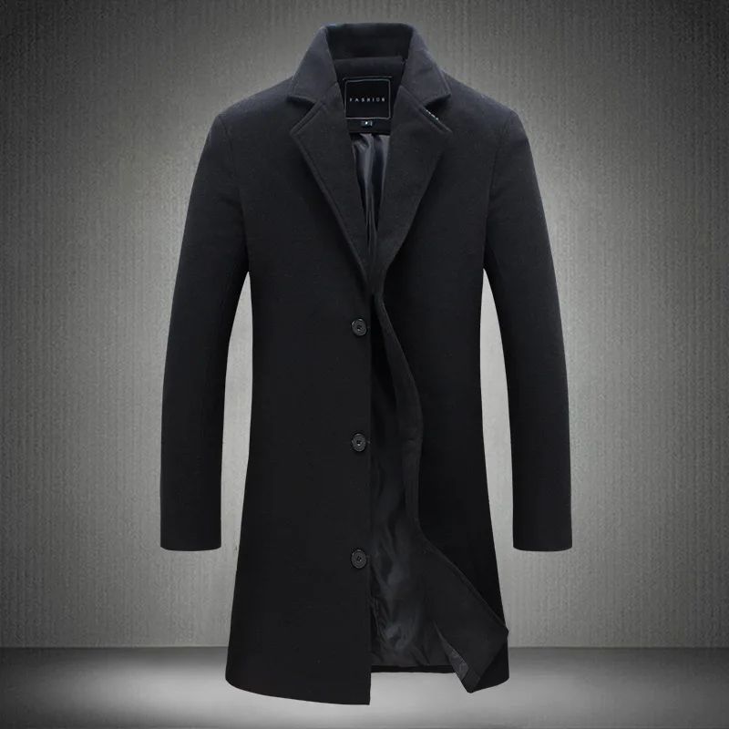 2025 Autumn Winter New Wool Men Long Cotton Coat Blend Pure Color Casual Business Fashion Slim Windbreaker Jacket Men Clothing