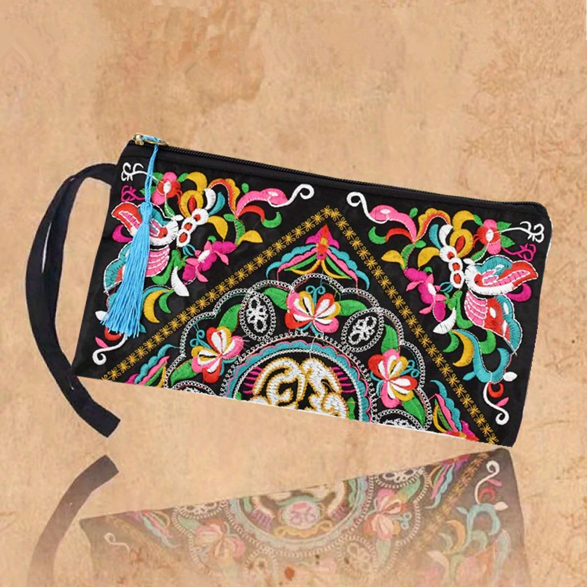 Ethnic Floral Embroidery Long Wallet Wristlet Clutch Bag Phone Vintage Embroidered Wristlet Clutch Evening Bag Wallets for Women
