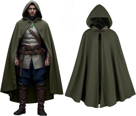 Cloak with Hood Men?Medieval Costume Men Round Metal Buckle Cloak with Green Leaf Brooch Necklace for Halloween