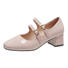 Spring Autumn Women Double Buckle Mary Janes Shoes Patent Leather Dress Shoes High Heels Pumps Retro Ladies Shoe Black Red