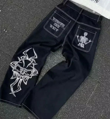 NEWVintage Retro Gothic Grim Reaper Cartoon Printed Graphic Jeans Man and Woman     Hip Hop Low Waist Wide Leg Trousers Clothing