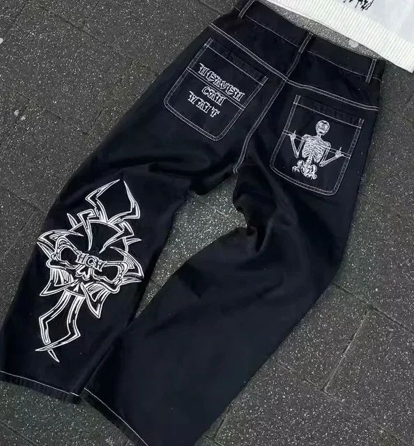NEWVintage Retro Gothic Grim Reaper Cartoon Printed Graphic Jeans Man and Woman     Hip Hop Low Waist Wide Leg Trousers Clothing