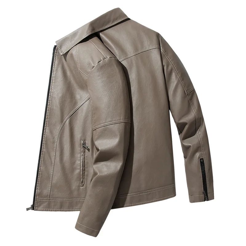 Men Coat Zipper Solid Jackets Long Sleeve Cardigan Leather Outerwear Loose Pockets High Street 2025 Spliced Faux Leather
