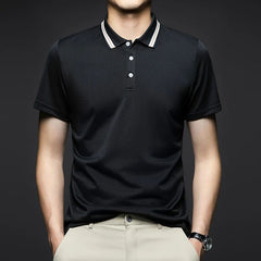 Men's Fashion Solid Short Sleeved Striped Lapel Polo Shirt Summer Breathable Comfortable Top
