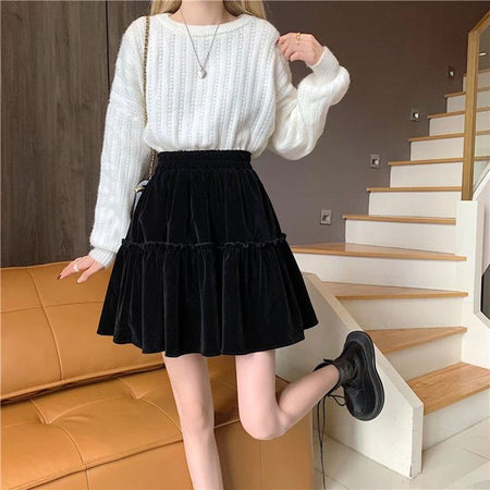 Black Velvet Patchwork Mini Skirt Women Sweet Solid A Line High Waist Skirt Fashion Pretty Style Pleated Summer Student Skirt