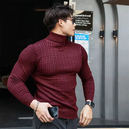 New Men's Turtleneck Sweaters Autumn Knitted Striped Streetwear Warm Long Sleeved Pullover Solid Color Basic Style Casual Tops