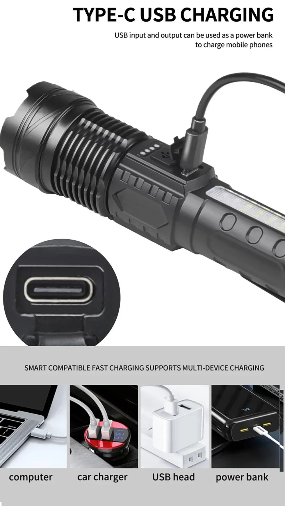 Powerful XHP50 LED Flashlight Waterproof Torch With Side Light 7 Modes Camping Fishing Lantern Type C Rechargeable Zoom Lamp
