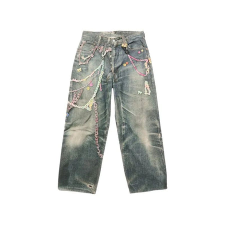 American High Street 3D Digital Print Candy Chain Weathered Knife Straight Leg Casual Jeans for Men And Women