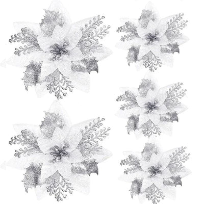 5pcs 14.5cm Glitter Artifical Christmas Flowers Mreey Christmas Tree Decoration Happy New Year Ornaments Xmas Fake Flowers natal