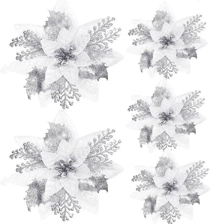 5pcs 14.5cm Glitter Artifical Christmas Flowers Mreey Christmas Tree Decoration Happy New Year Ornaments Xmas Fake Flowers natal