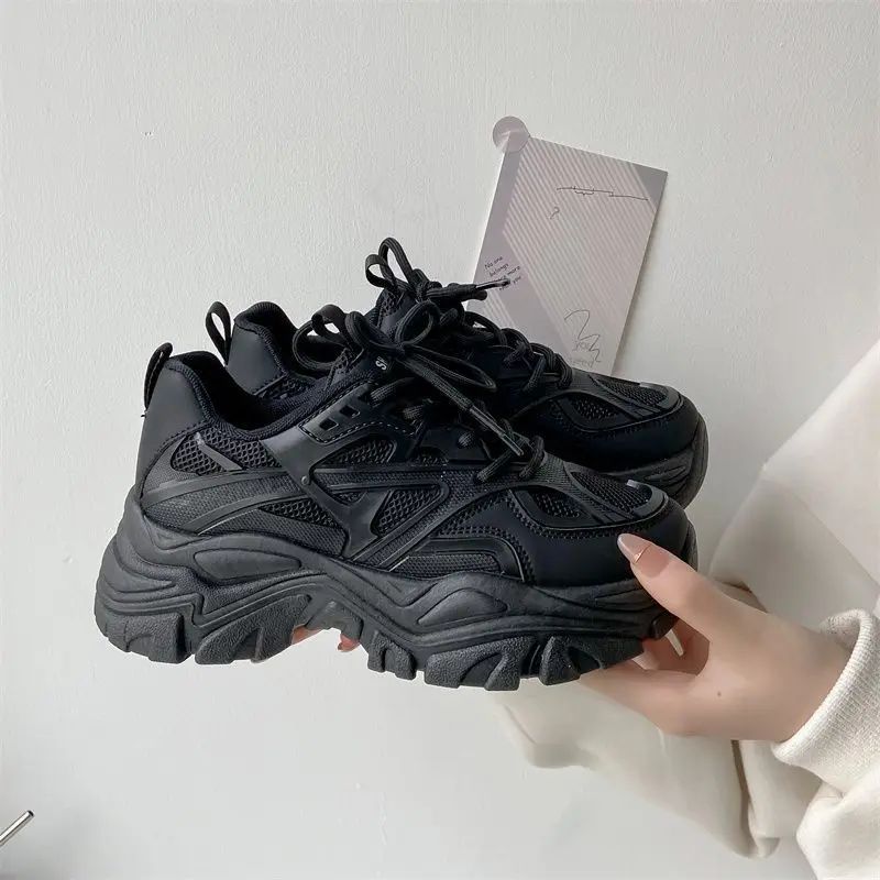 2024 New Women Fashion Platform Sport Shoes Women spring autumn Black Casual Chunky Sneakers Women Mesh Leather Platform Shoes