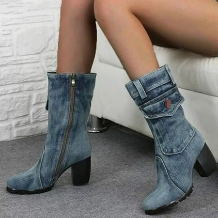 Cowboy Women's Boots 2024 Autumn and Winter New Pointed Denim Style Casual Temperament High Heels Single Shoes Zapatos De Mujer