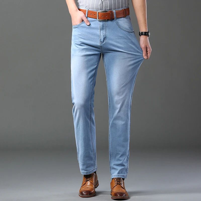 Spring Autumn Business Men Jeans Casual Straight Stretch Fashion Classic Black Sky Blue Grey Work Denim Trousers Brand Clothing