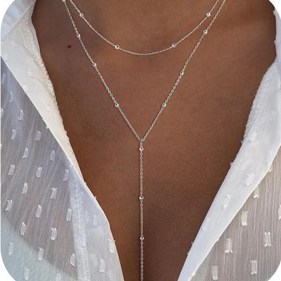 Stainless Steel Y-Shaped Pendant Necklace for Women Girls Elegant Fashion Cubic Zirconia Long Tassel Dangle Choker Jewelry Gifts