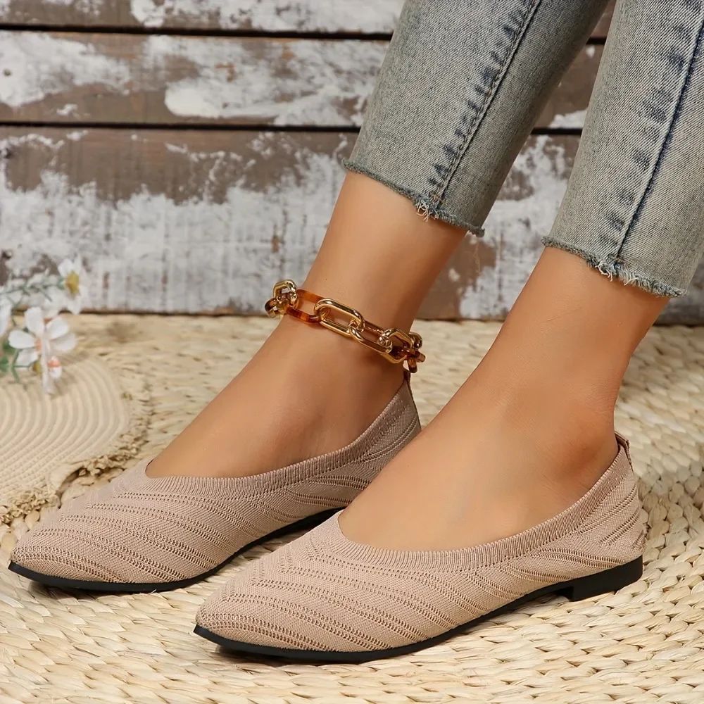 Women Pointed Toe Flat Shoes 2025 New Solid Color Knitted Slip on Shoes Casual Breathable Ballet Flats Women Flat Loafers Shoes