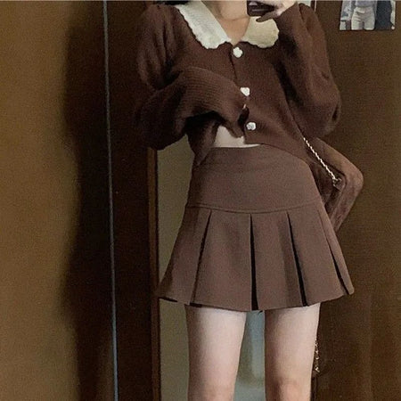 Vintage Brown Pleated Skirt Women Spring Summer Korean Style Y2K High Waisted A-line Mini Skirts Preppy Style Girls Causal