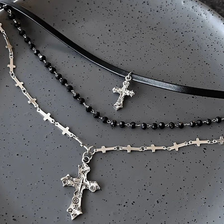 Gothic Punk Y2K Black Cross Pendant Necklace for Women Men 2025 Vintage Multi Layer Bead Necklaces 90s EMO Charm Jewelry Gifts