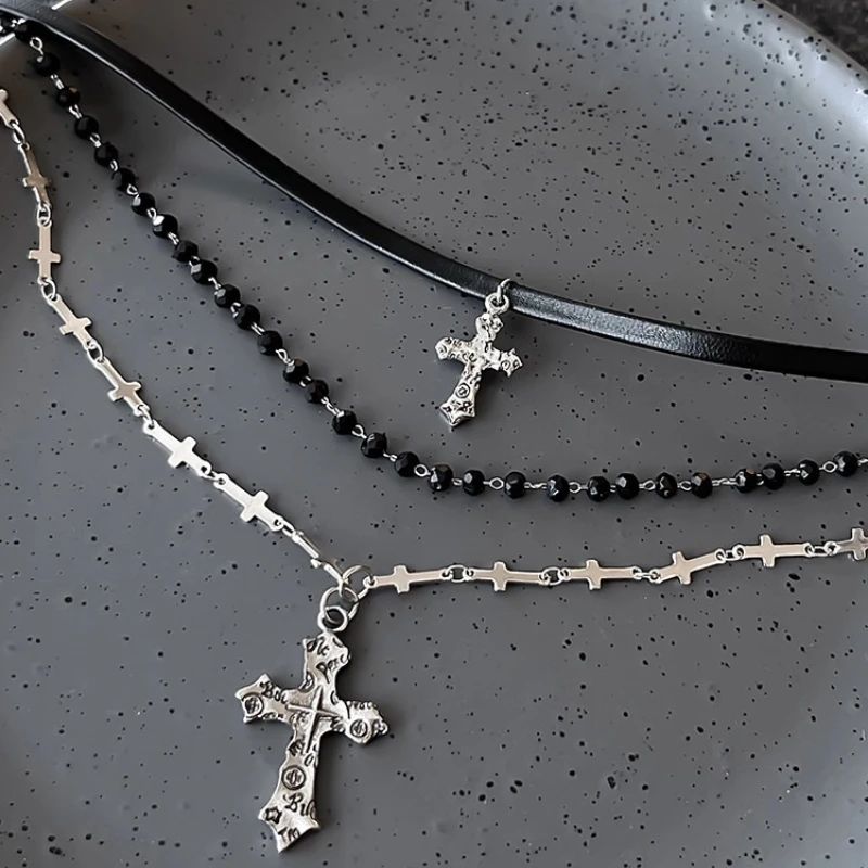 Gothic Punk Y2K Black Cross Pendant Necklace for Women Men 2025 Vintage Multi Layer Bead Necklaces 90s EMO Charm Jewelry Gifts