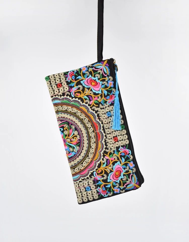 Ethnic Floral Embroidery Long Wallet Wristlet Clutch Bag Phone Vintage Embroidered Wristlet Clutch Evening Bag Wallets for Women