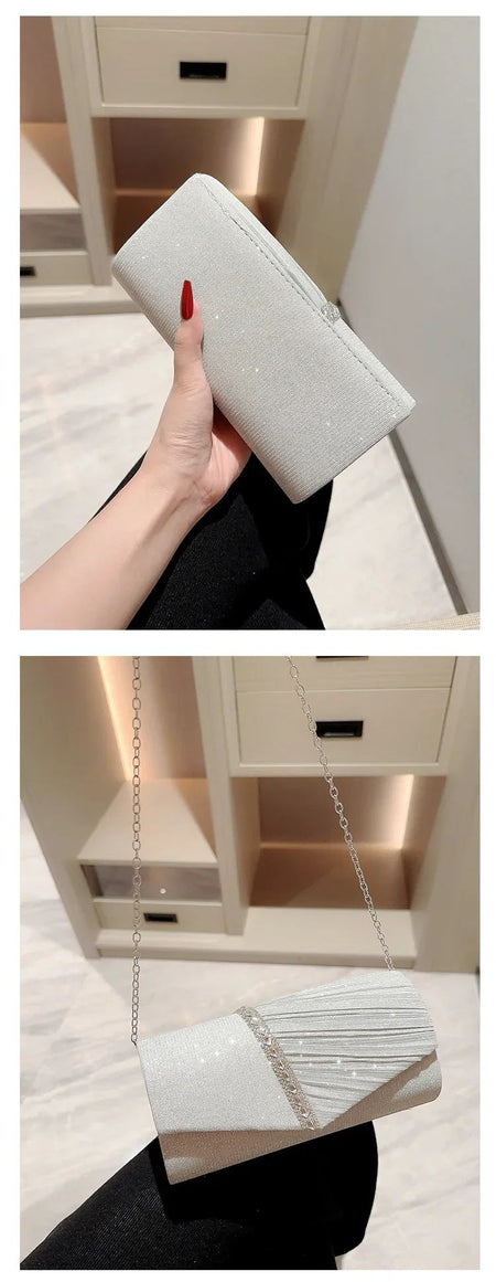 Wedding Party Handbag Ladies Glitter Silver Clutch Bag Envelope Evening Bag Fashion Elegant Long Purse Women Chain Shoulder Bags
