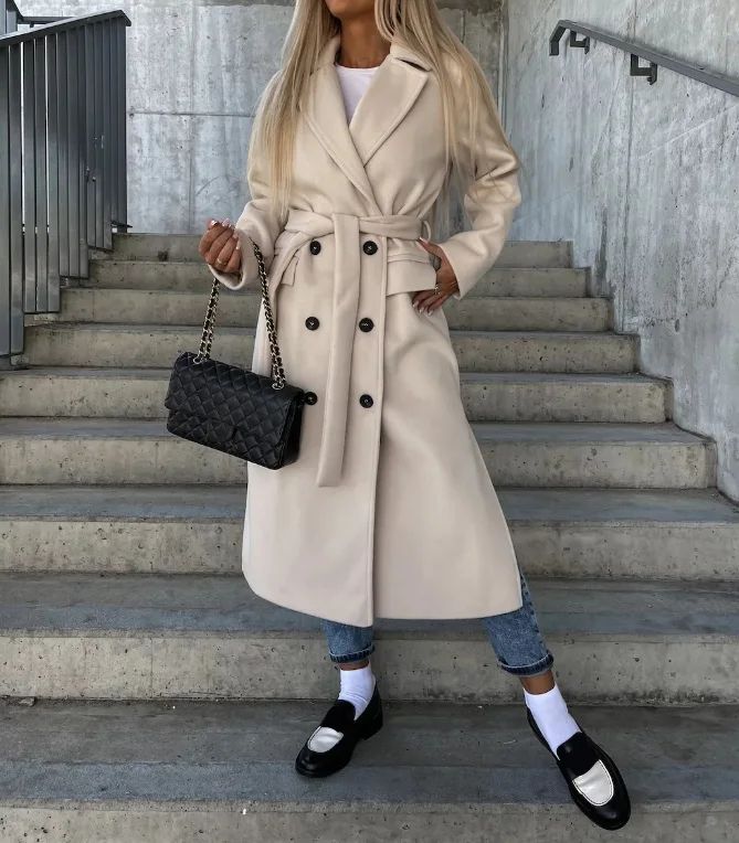 CPSYMYM Winter Coat for Women  Autumn Double Breasted Simple Solid Lapel Long Sleeved Split Long Woolen Cloth Jacket Coa