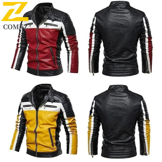 Men Yellow PU Leather Jacket Patchwork Biker Jackets  Casual Zipper Coat Male Motorcycle Jacket Slim Fit Fur Lined Outwear Coat
