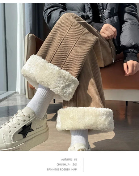 High Waist Warm Trousers Fashion Winter Fleece Thickened Women's Pants Solid Color Loose Elastic Waist Straight Casual Pants